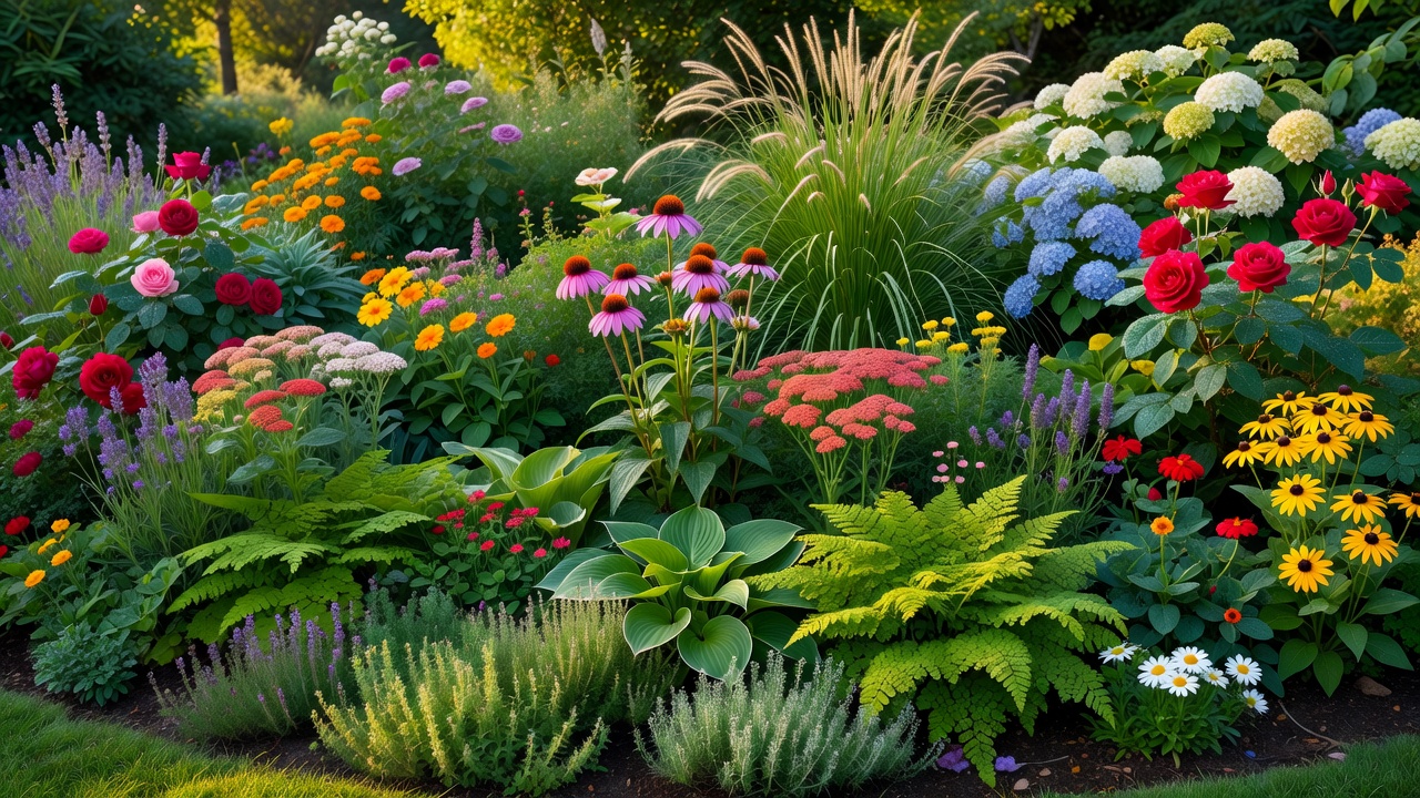 A lush detailed garden planting bed with layered foliage and flowers