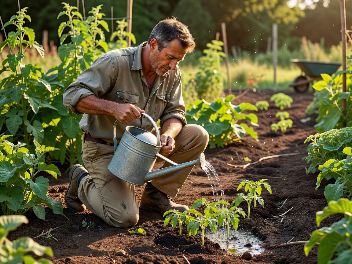 Gardener watering plants carefully at soil level