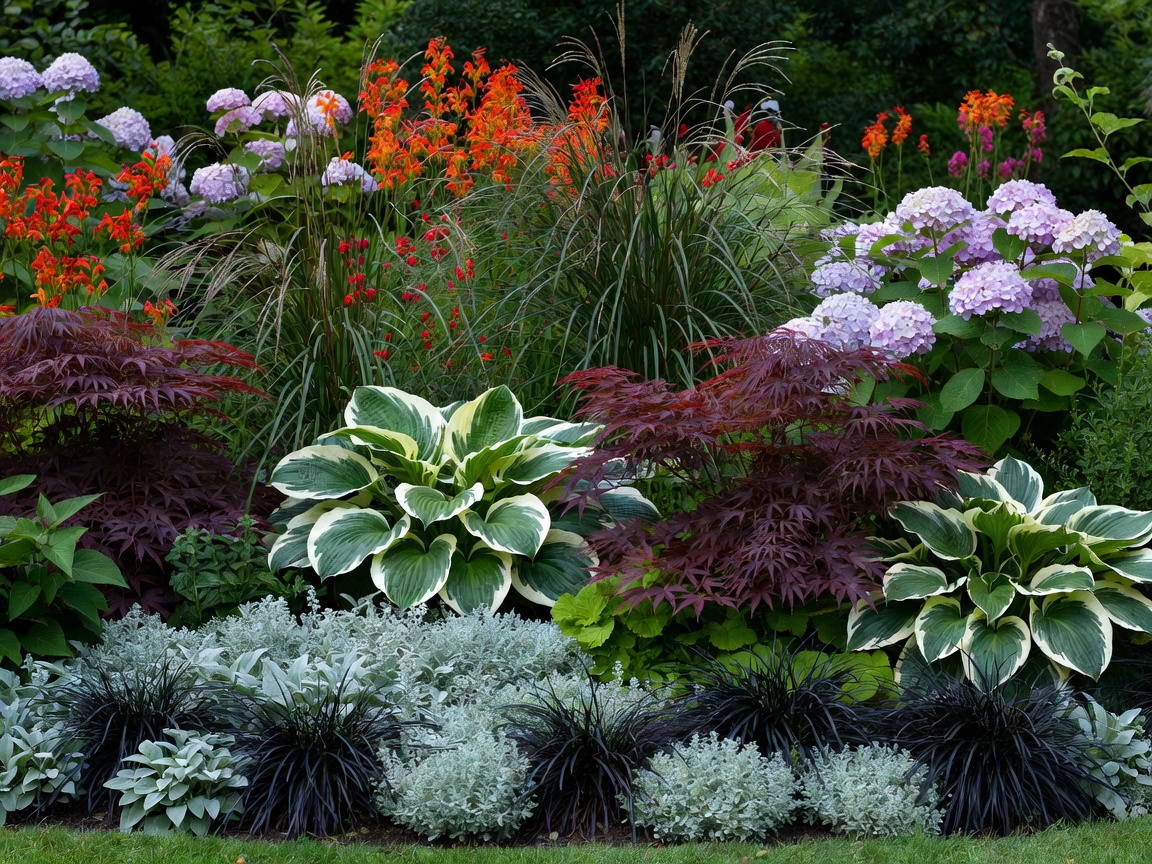 Layered garden composition with contrasting foliage and flowers
