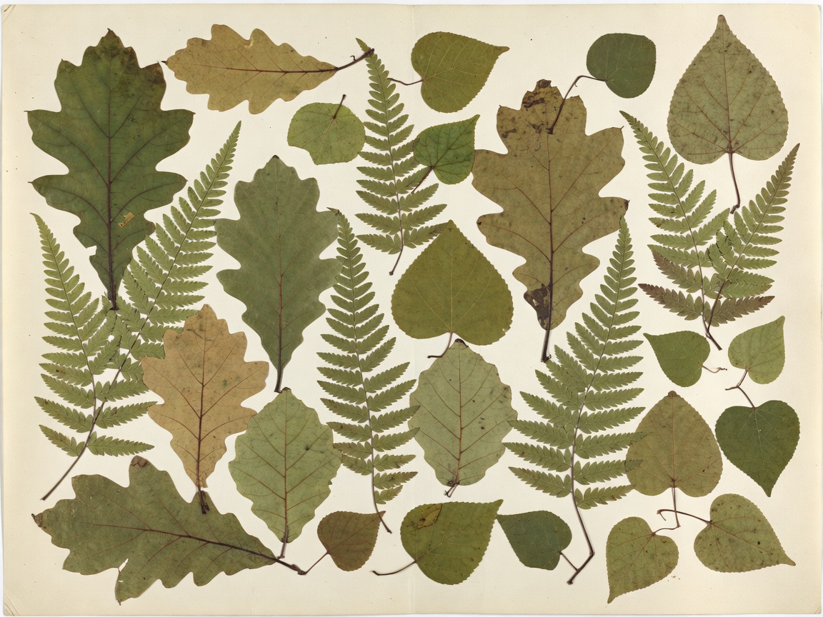 Pressed botanical leaves arranged like a field journal specimen